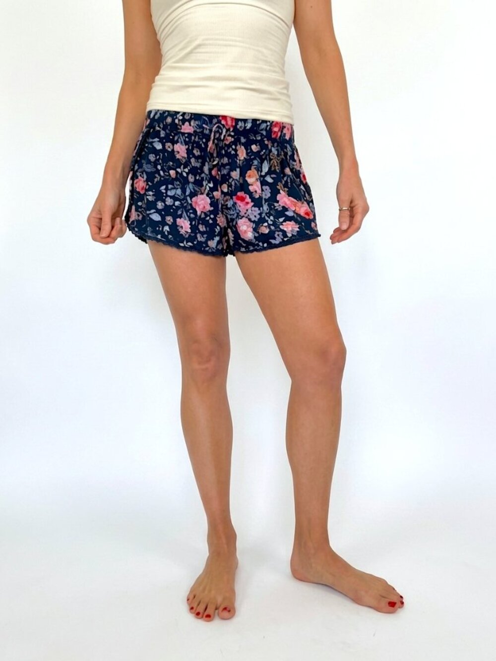 Ecote Navy Floral Lace-Trim Sleep Shorts with Drawstring